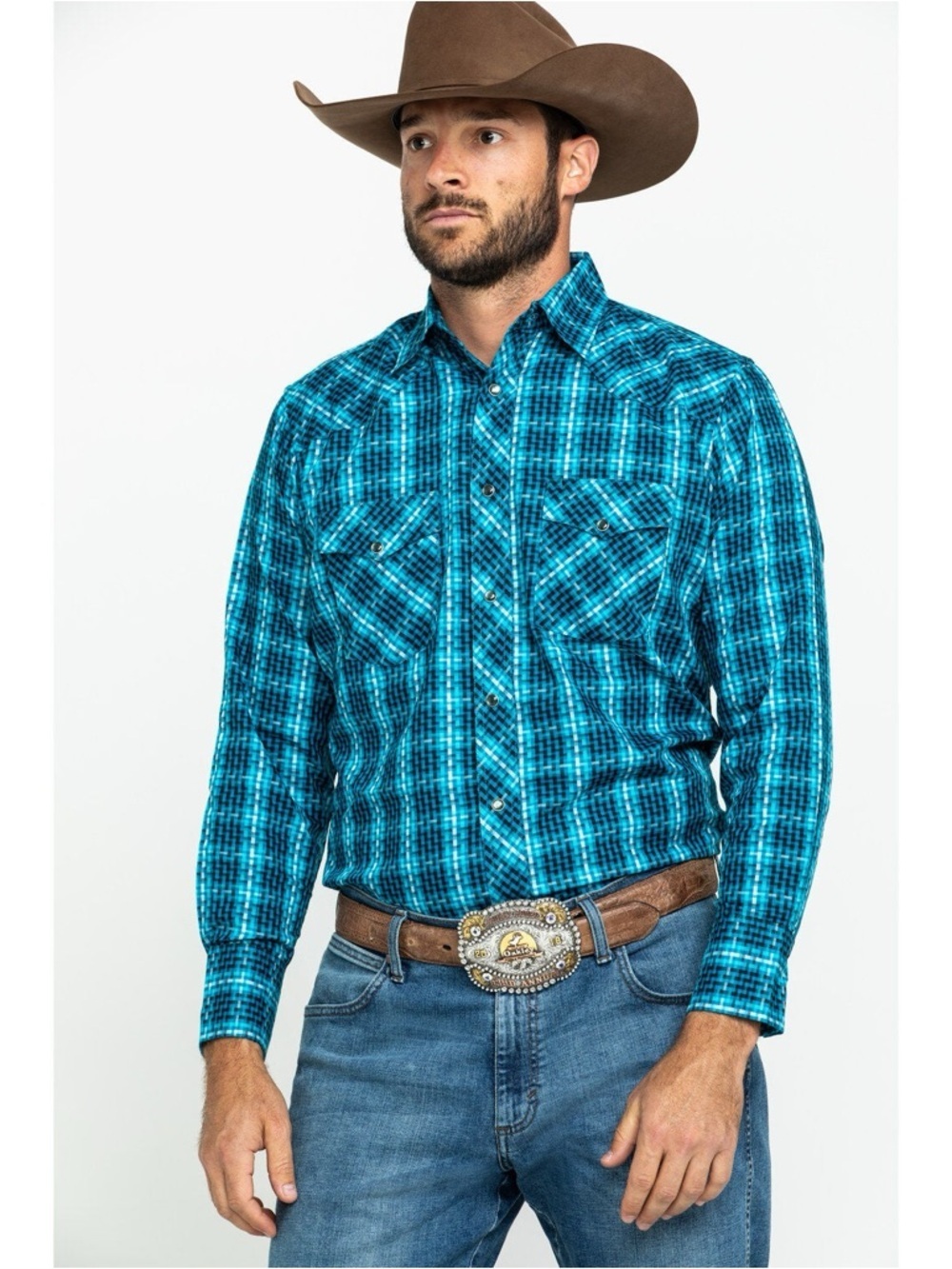 Wrangler Men's Teal Checotah Geo Print Long Sleeve Western Shirt size XL